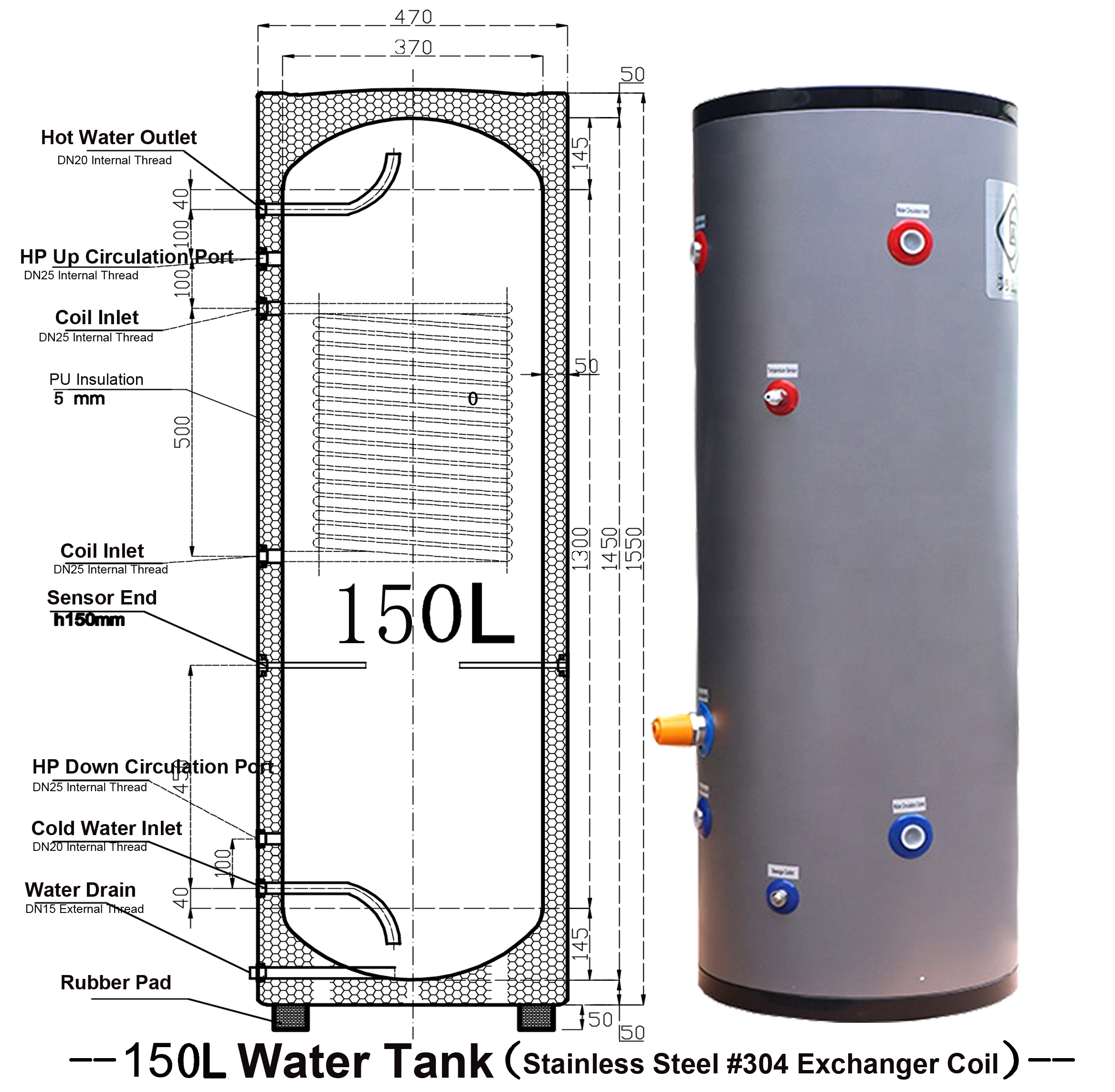 150l Hot Water Storage Tank Boiler Heat Exchanger Coil for Hybrid Solar Heating