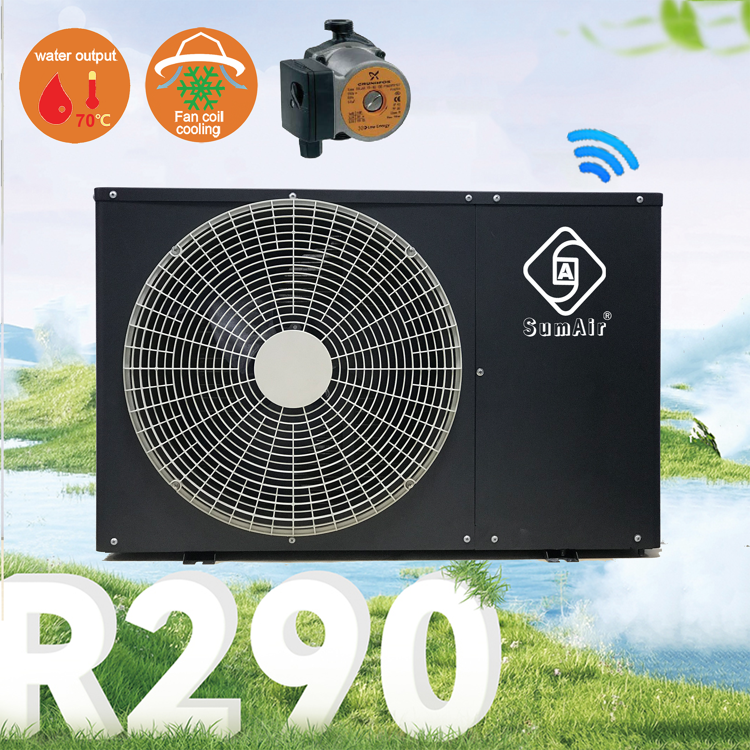 70degree DHW Household r290 air source heat pump water heater cooler grundfoss circulating pump